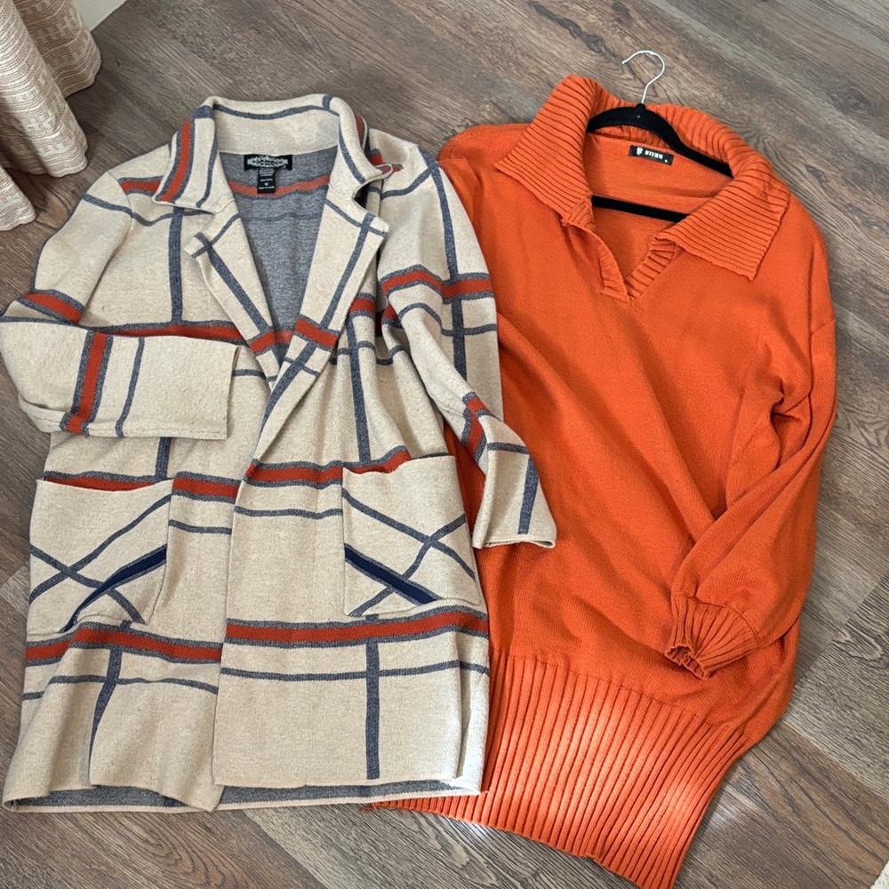 Orange Sweater and Plaid Coat Set